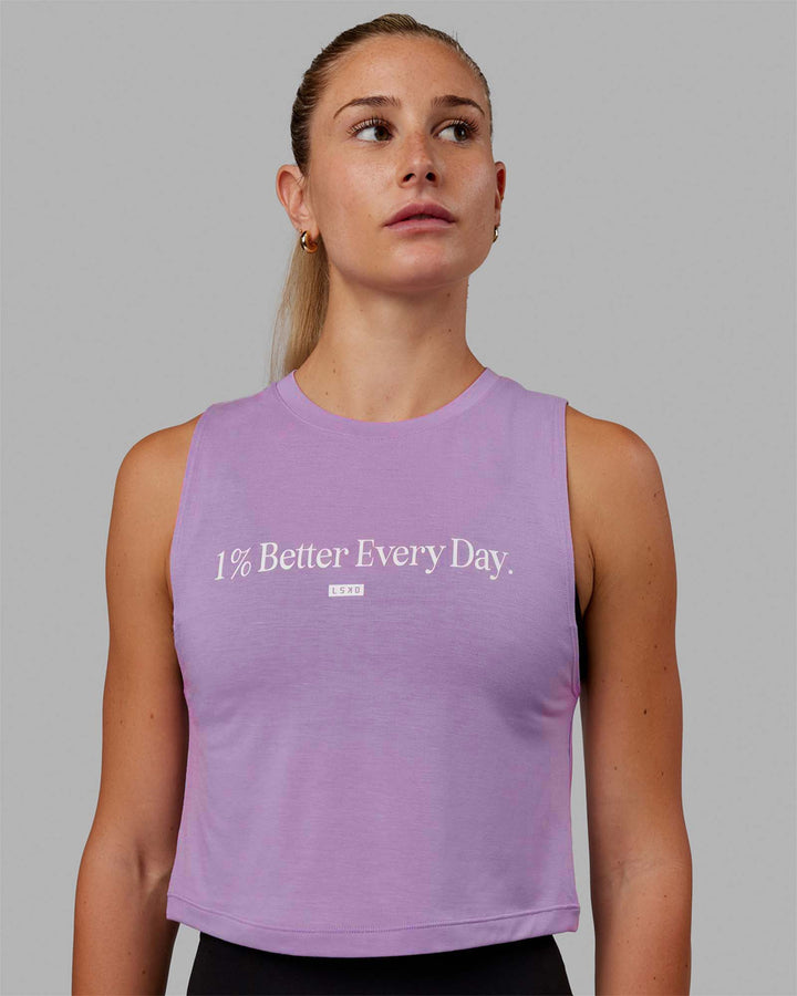 Woman wearing 1% Better Training Tank - Lilac-White
