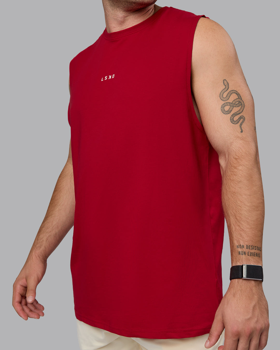 Man wearing Base FLXCotton Tank - Cherry Red-Ivory