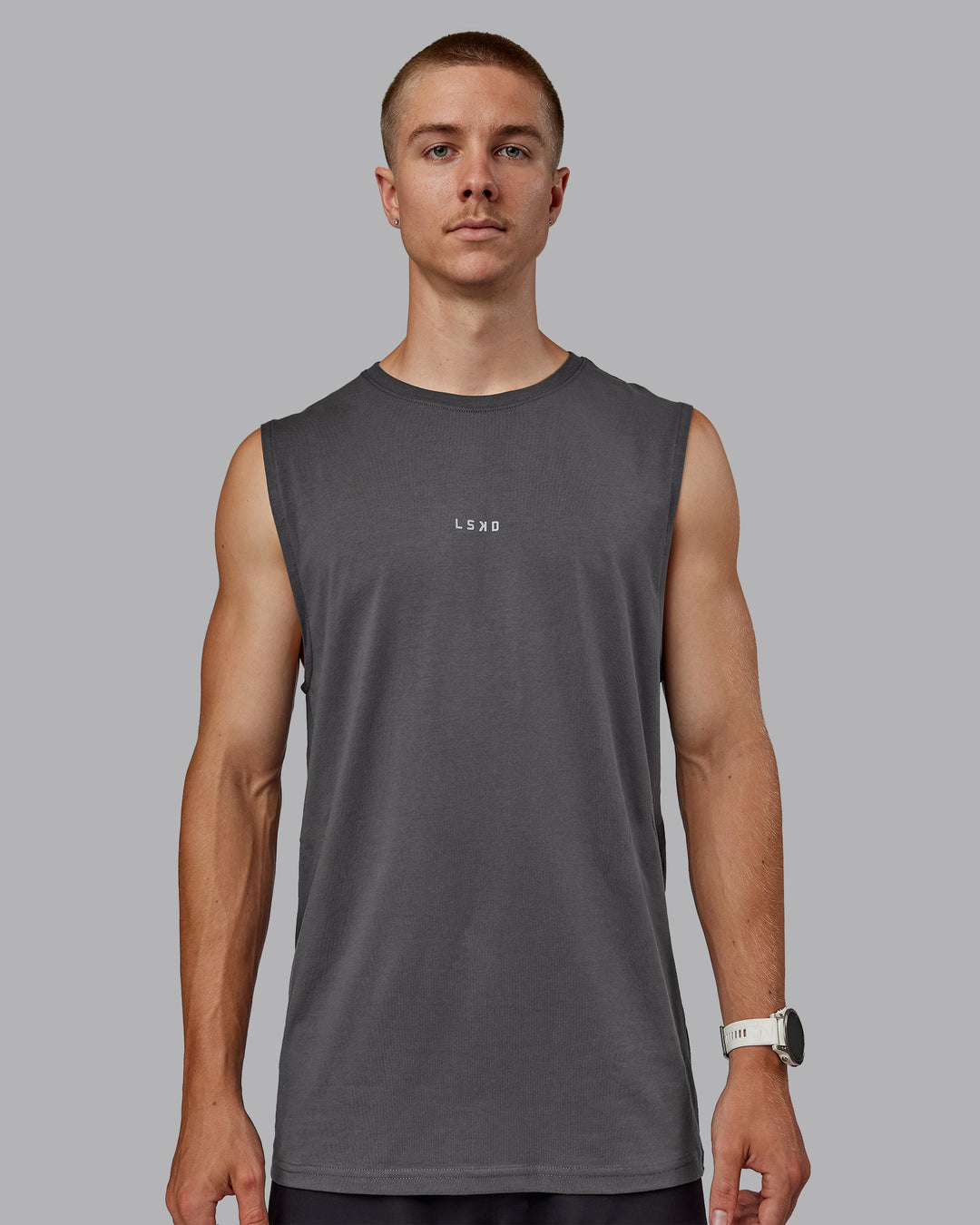 Man wearing Base FLXCotton Tank - Dark Storm