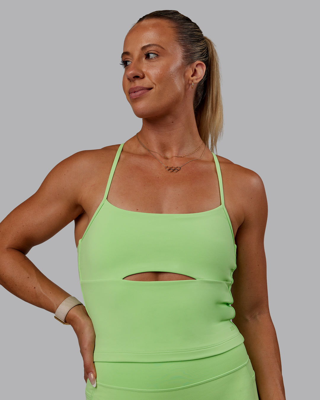 Woman wearing Bree Masters Form Shelf Bra Tank - Pastel Lime