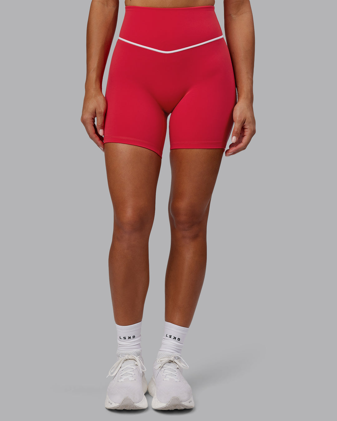 Woman wearing Contrast Mid Short Tights - Scarlet-White