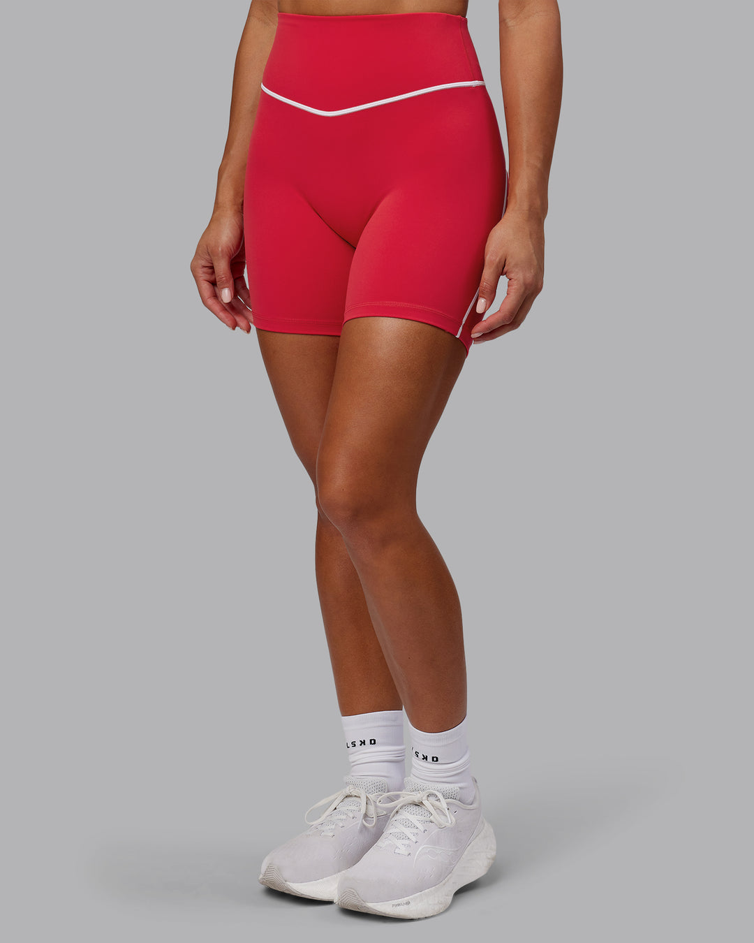 Woman wearing Contrast Mid Short Tights - Scarlet-White