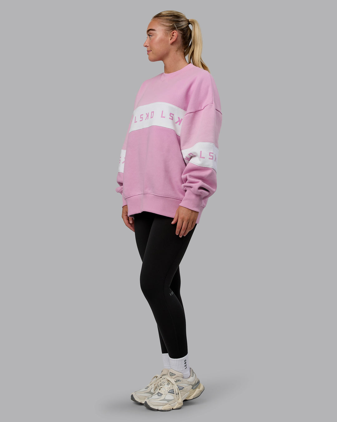 Woman wearing Disc Oversized Sweater - Bubblegum-Light Bubblegum