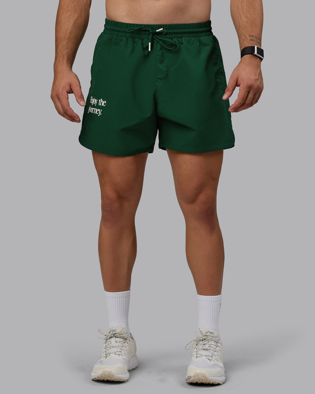 Man wearing Enjoy The Journey 5&quot; Shorts - Deep Emerald-Off White