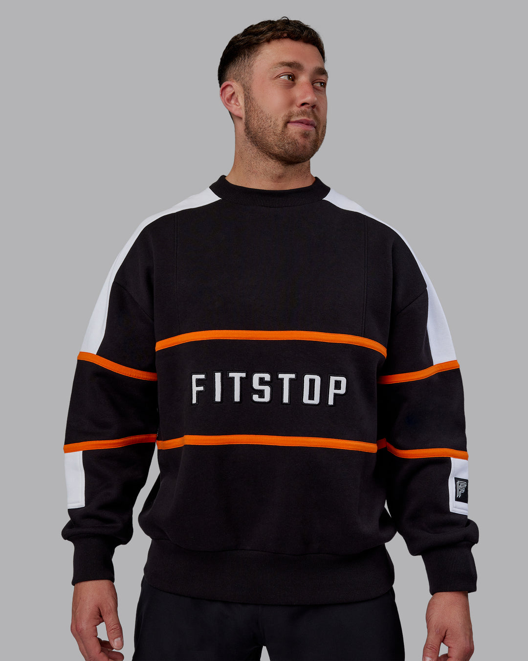 Man Wearing Unisex Fitstop Move More Sweater Oversize - Black-White