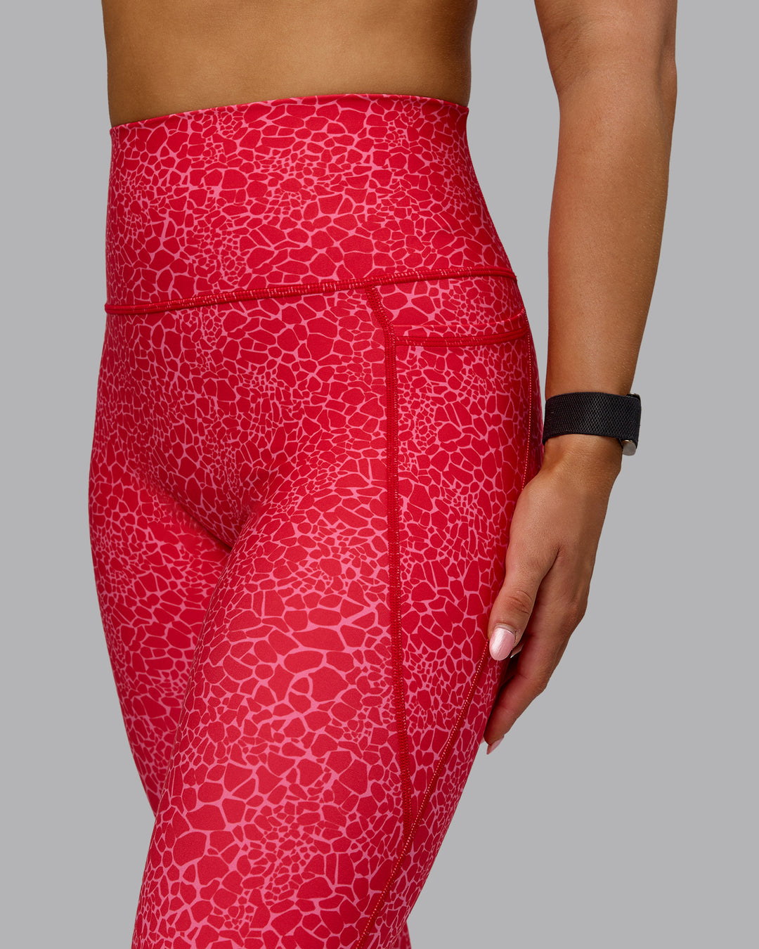 Woman wearing Fusion 7/8 Length Tights - Red Vitality Print