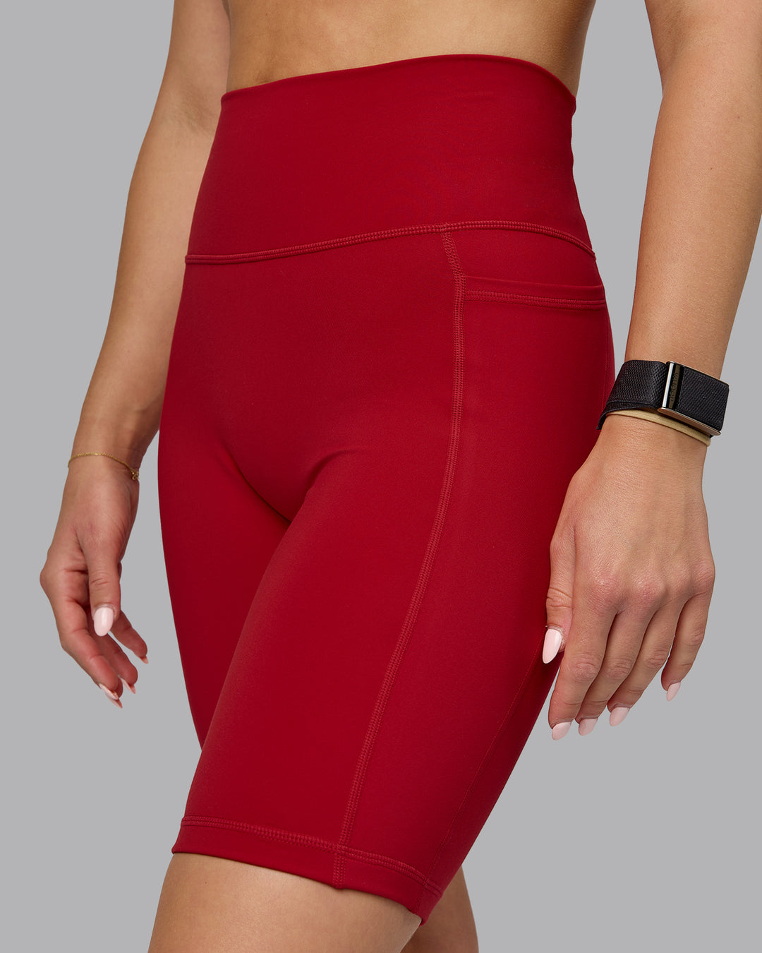 Woman wearing Fusion Bike Shorts with Pockets - Cherry Red