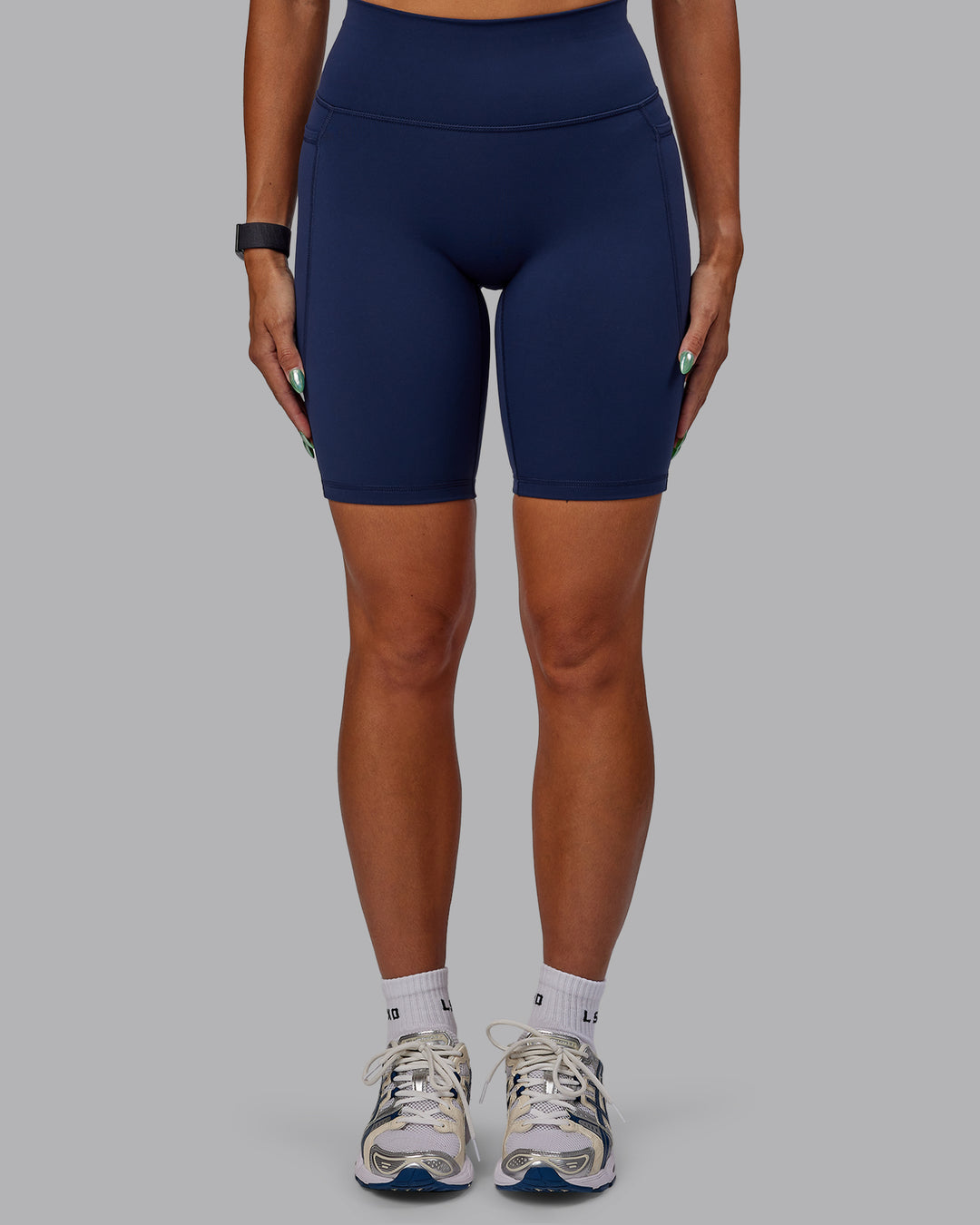 Woman wearing Fusion Bike Shorts with Pockets - Future Navy