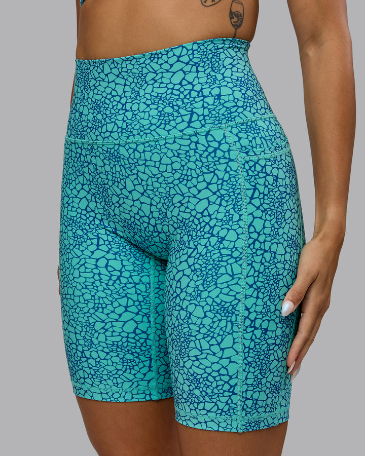 Woman wearing Fusion Bike Shorts - Aquatic Awe Vitality Print
