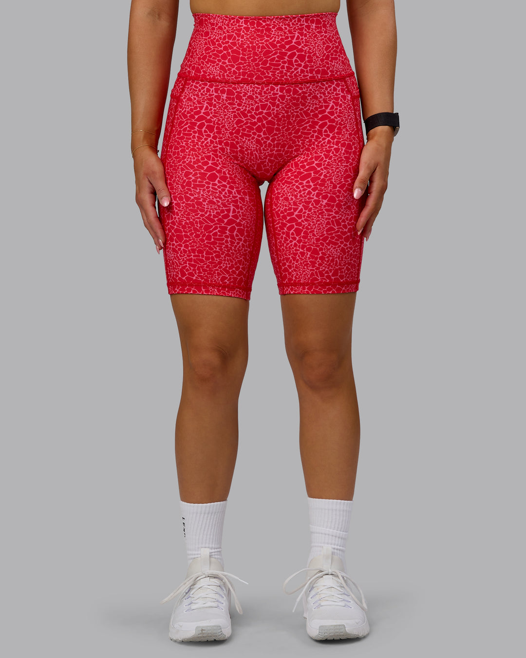 Woman wearing Fusion Bike Shorts - Red Vitality Print