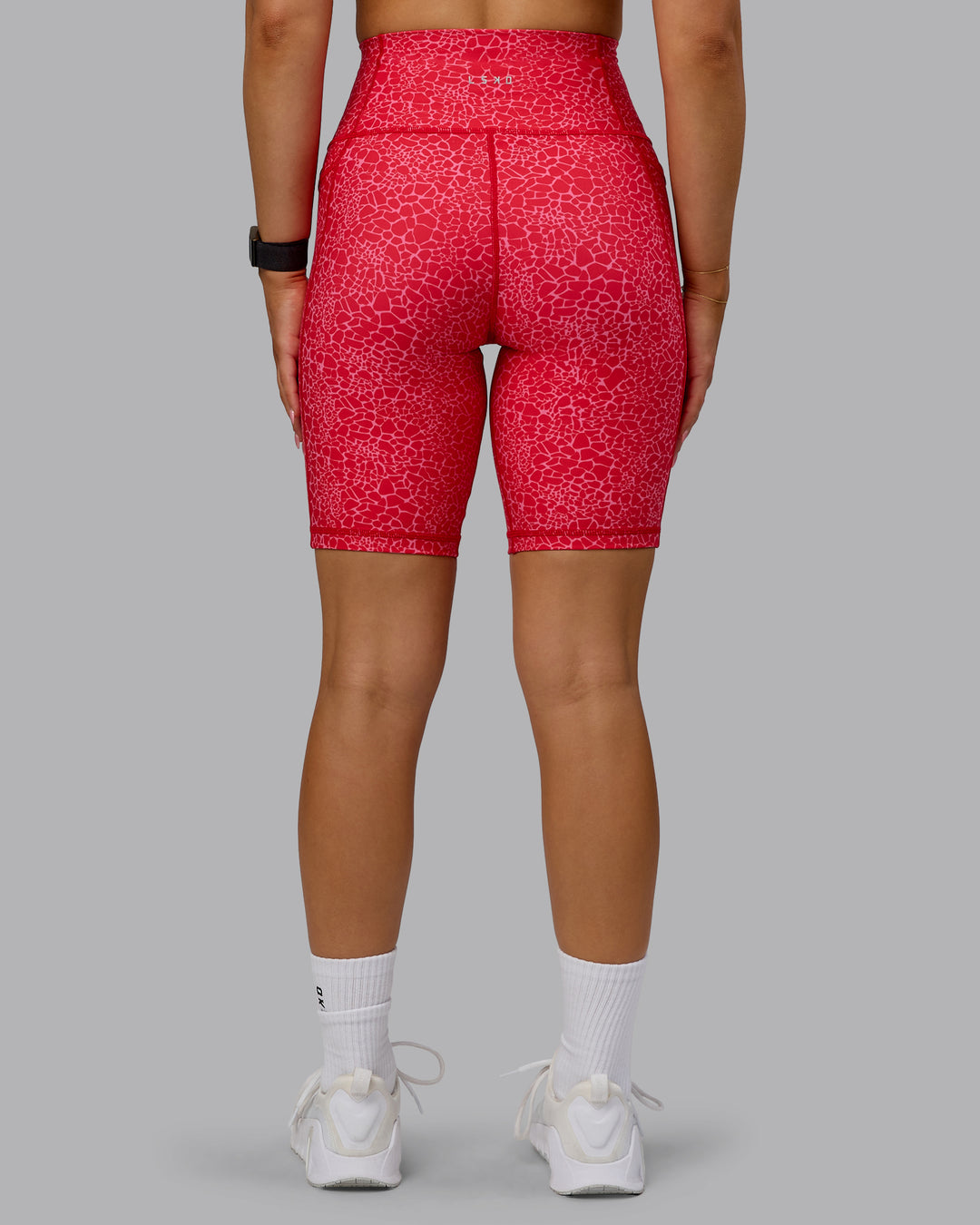 Woman wearing Fusion Bike Shorts - Red Vitality Print