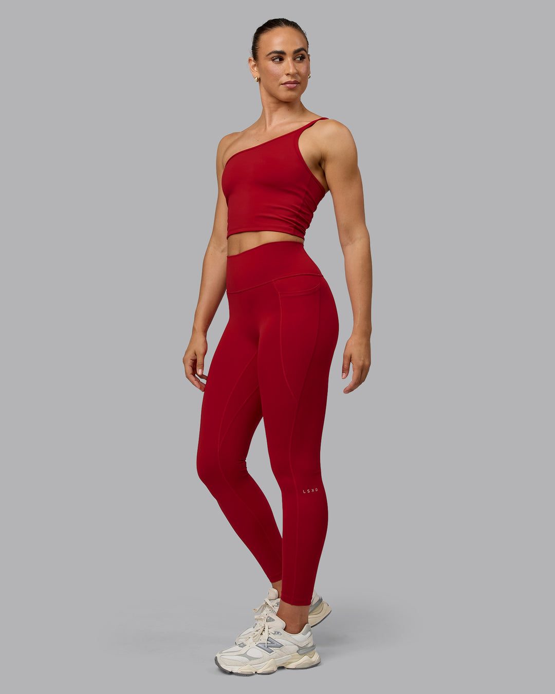 Woman wearing Fusion Full Length Tights with Pockets - Cherry Red