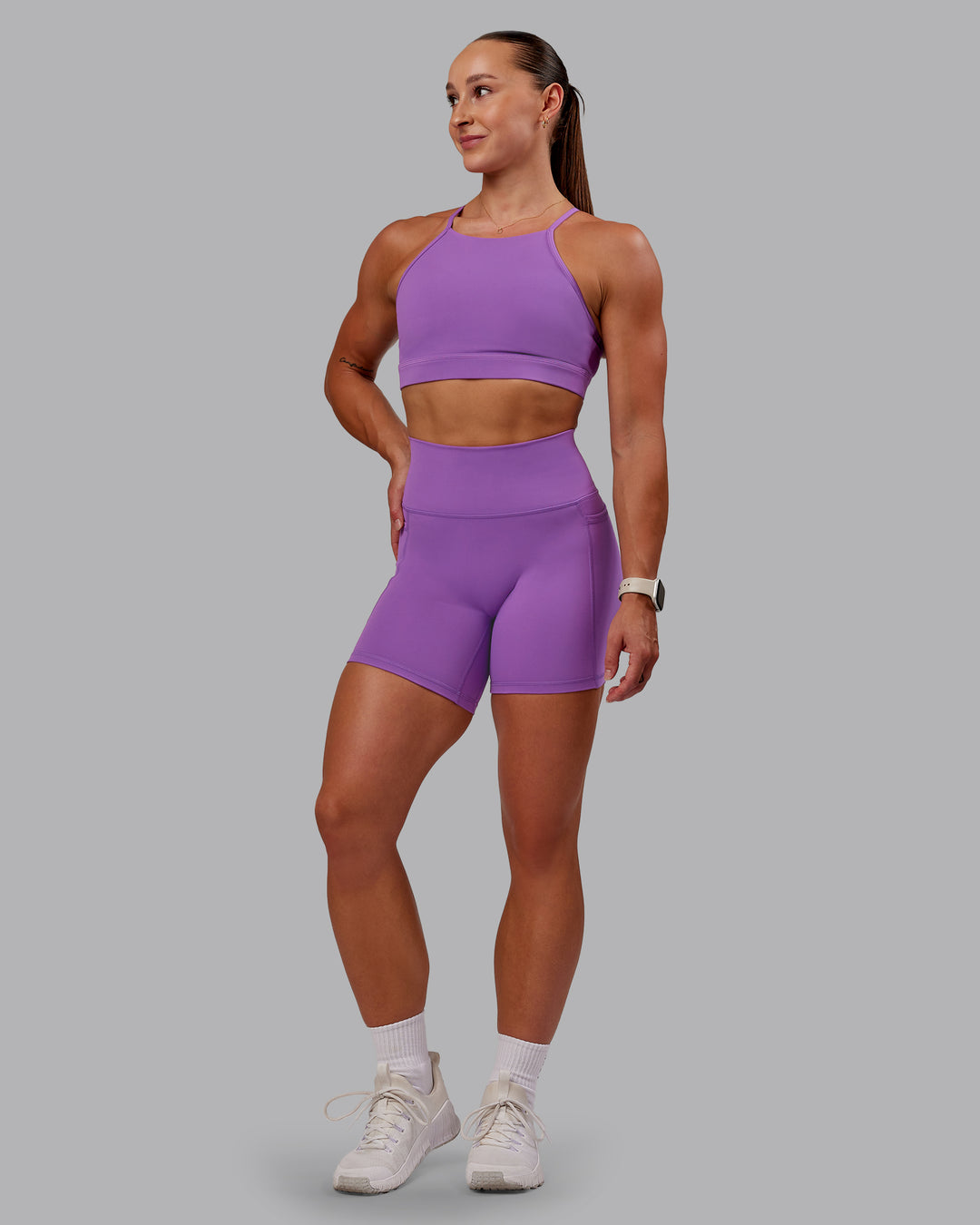 Woman wearing Fusion Mid Short Tight With Pockets - Purple Fizz