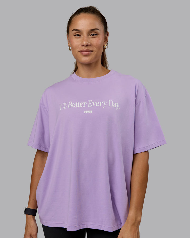 Woman wearing Go-To 1% Better FLXCotton Oversized Tee - Pale Lilac-White
