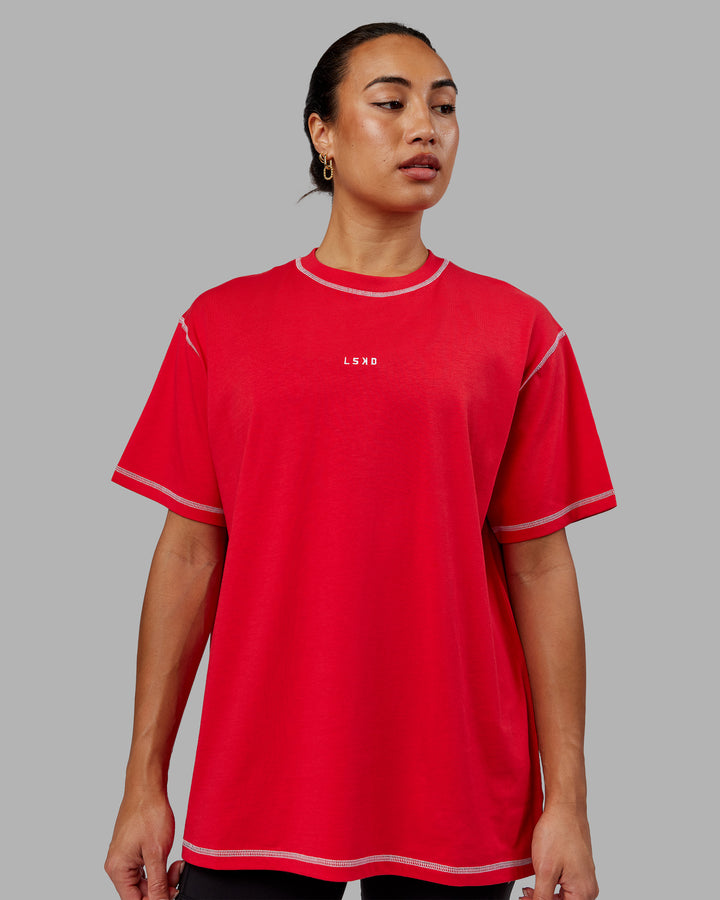 Woman wearing Go-To Contrast Oversized Tee - Scarlet-White
