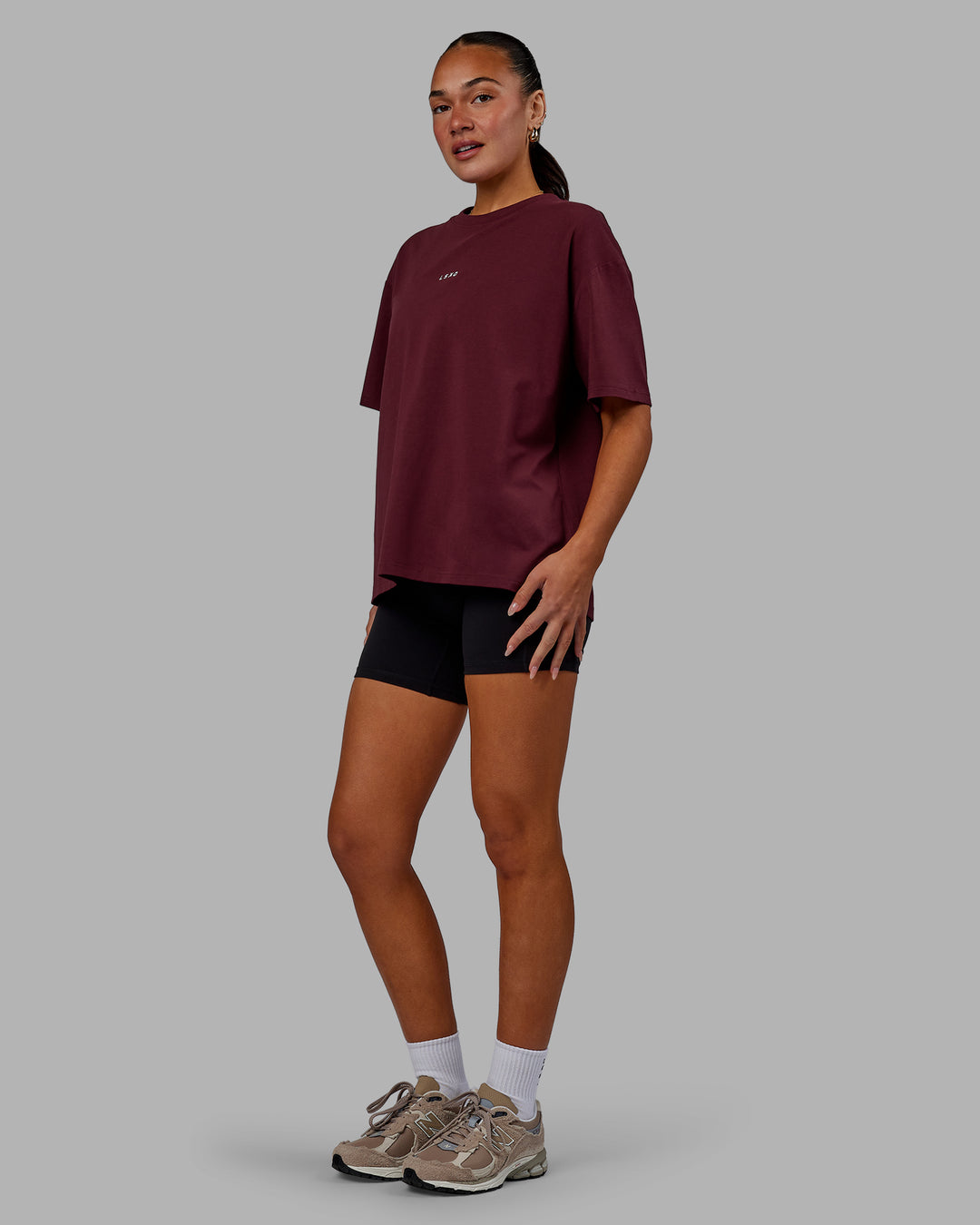 Woman wearing Go-To FLXCotton Oversized Tee - Dark Cherry