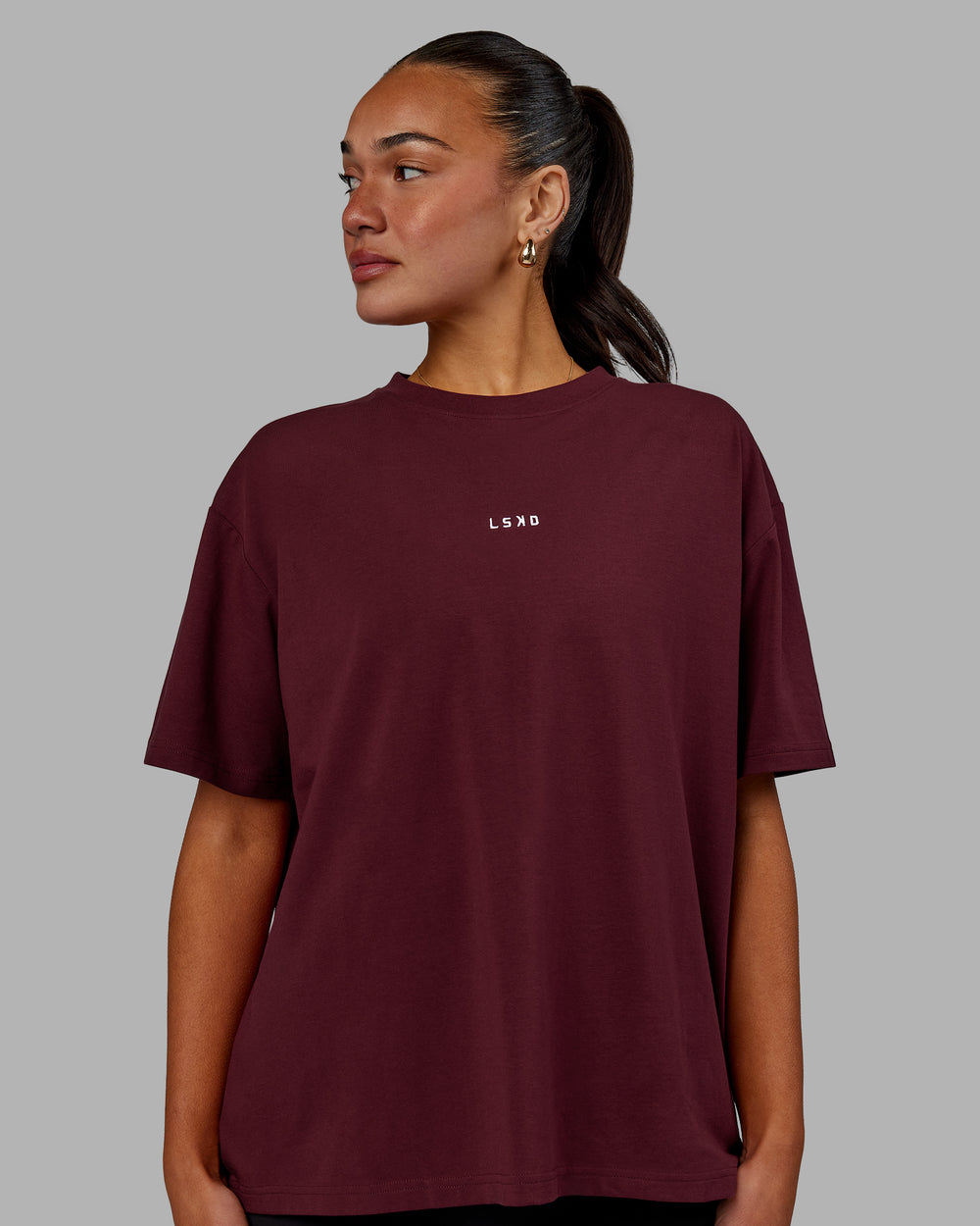 Woman wearing Go-To FLXCotton Oversized Tee - Dark Cherry