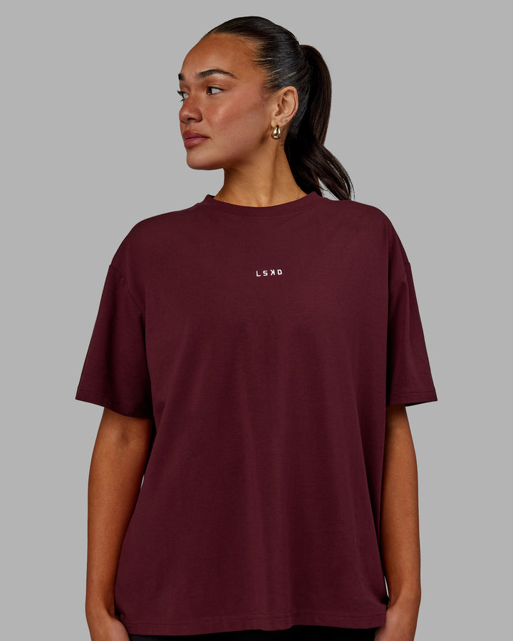 Woman wearing Go-To FLXCotton Oversized Tee - Dark Cherry
