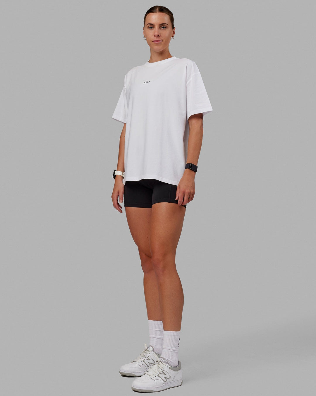 Woman wearing Go-To FLXCotton Oversized Tee - White-Black