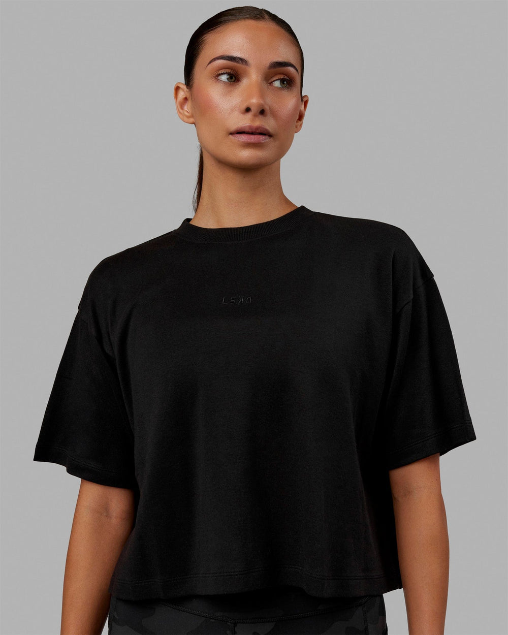 Woman wearing Go-To Modal Oversized Cropped Tee - Black-Black