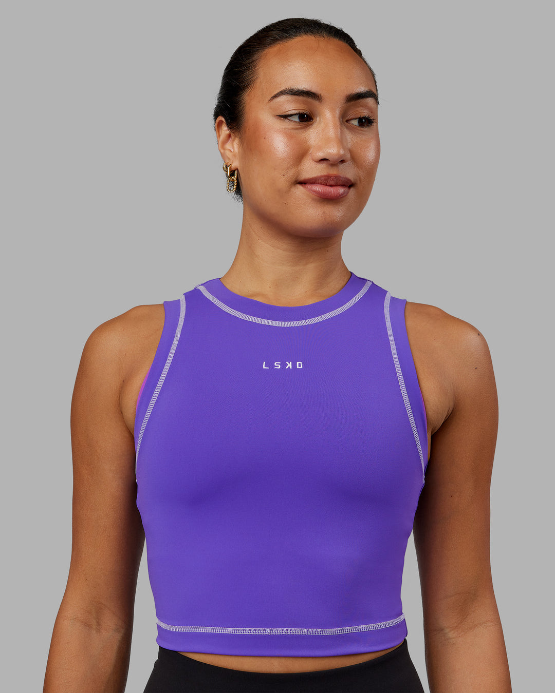 Woman wearing Imprint Tank - Royal Purple-White