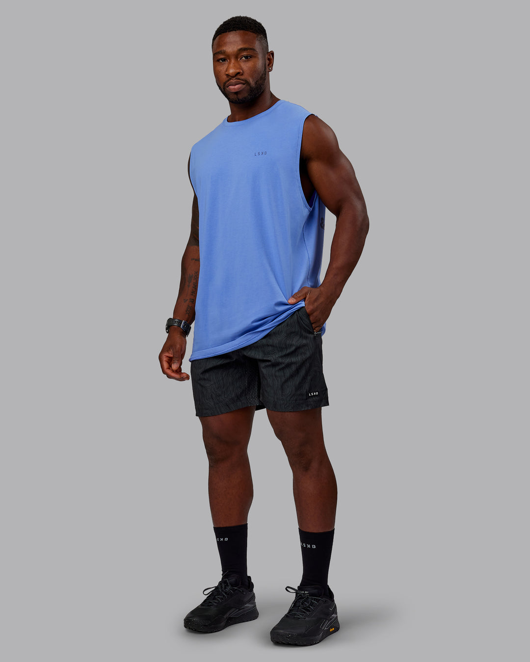 Man wearing Move Fast Value Series FLXCotton Tank - Cornflower Blue-Future Dusk