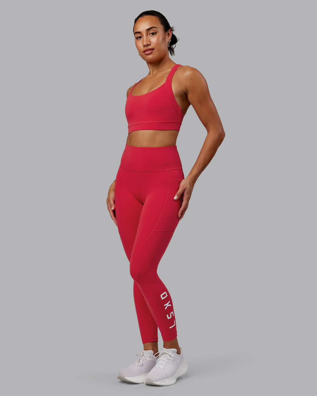 Woman wearing Rep 7/8 Length Tights - Scarlet-White