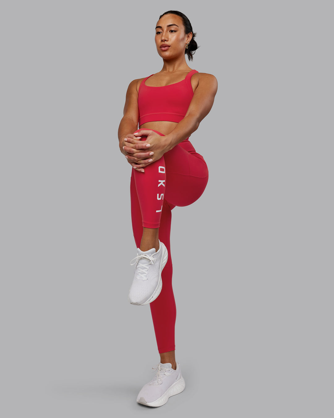 Woman wearing Rep 7/8 Length Tights - Scarlet-White