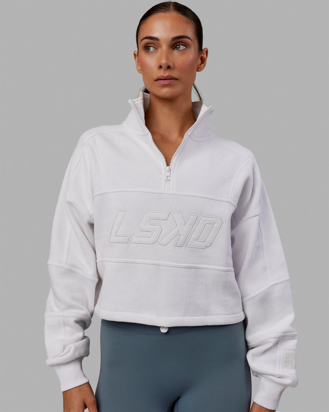 Woman wearing Slam 1/4 Zip Sweater - White-White