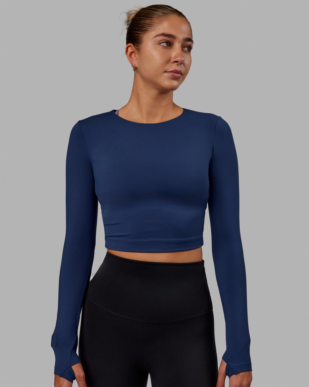 Woman wearing Staple LS Cropped Tee - Midnight Blue