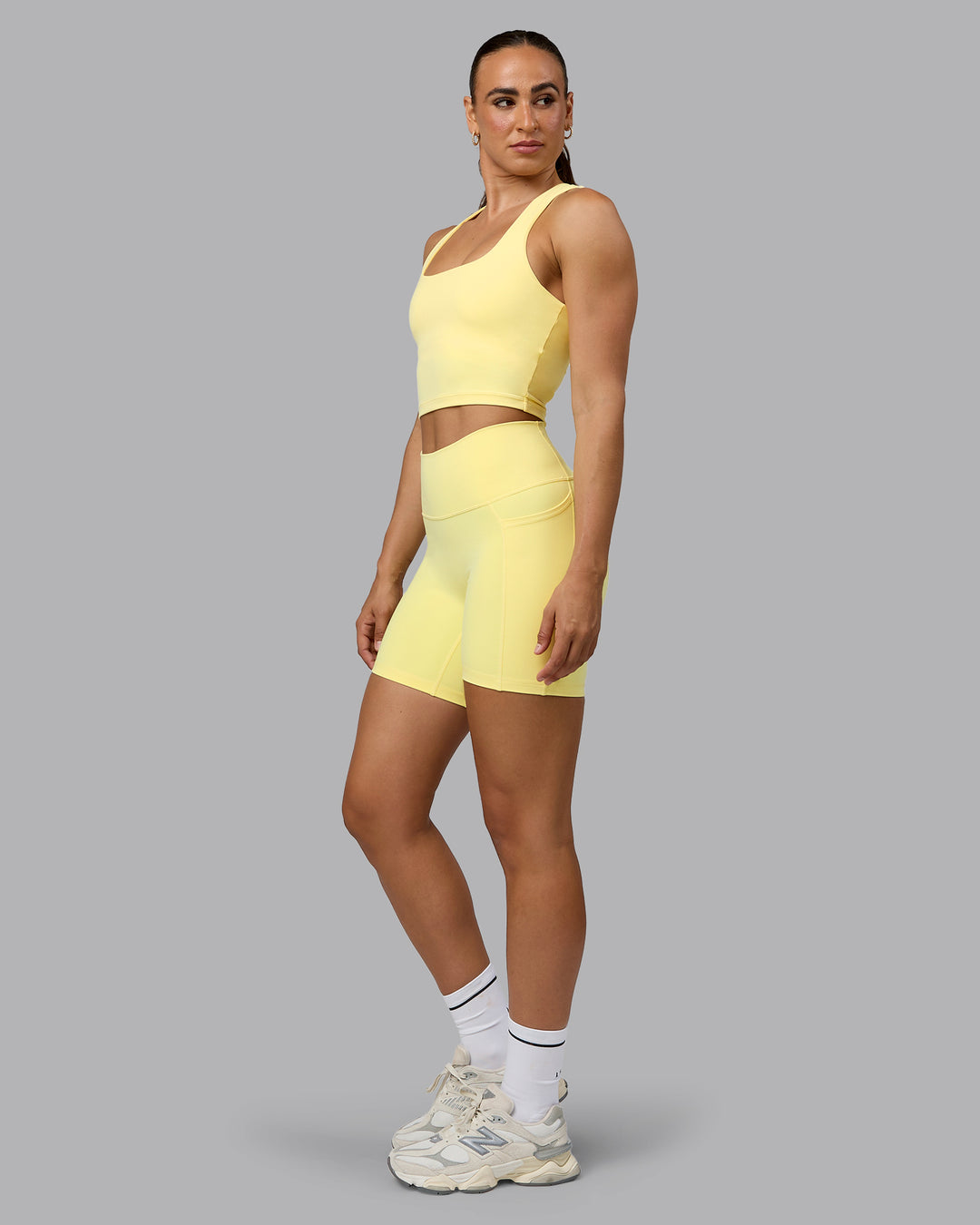 Woman wearing Staple Square Neck Active Shelf Bra Tank - Lemon