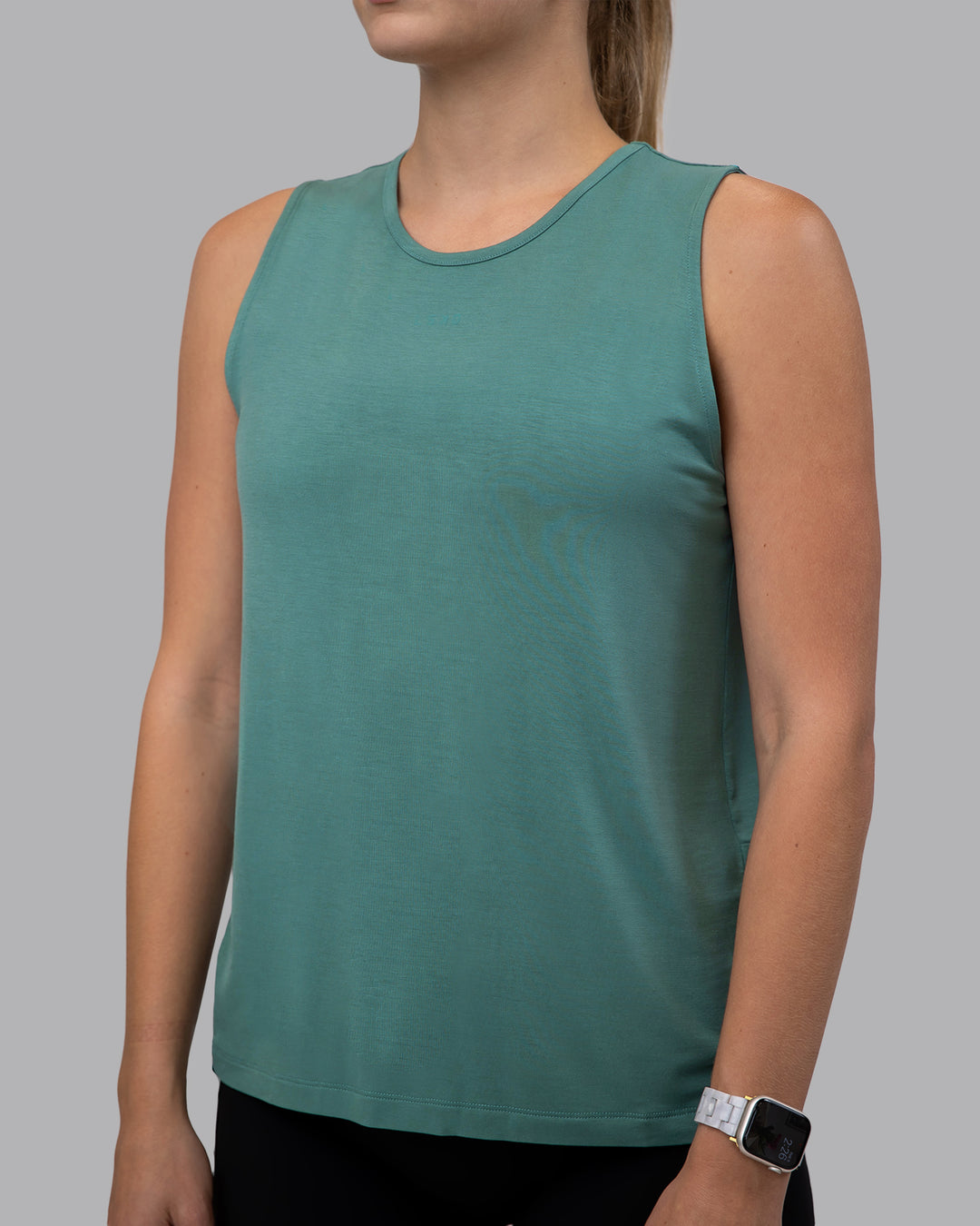 Woman wearing Swivel Open Back Tank - Sagebrush