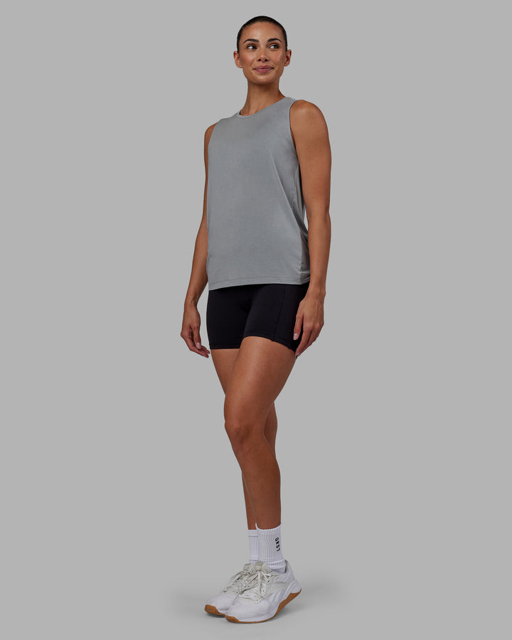 Woman wearing Swivel Open Back Tank - Circular Grey
