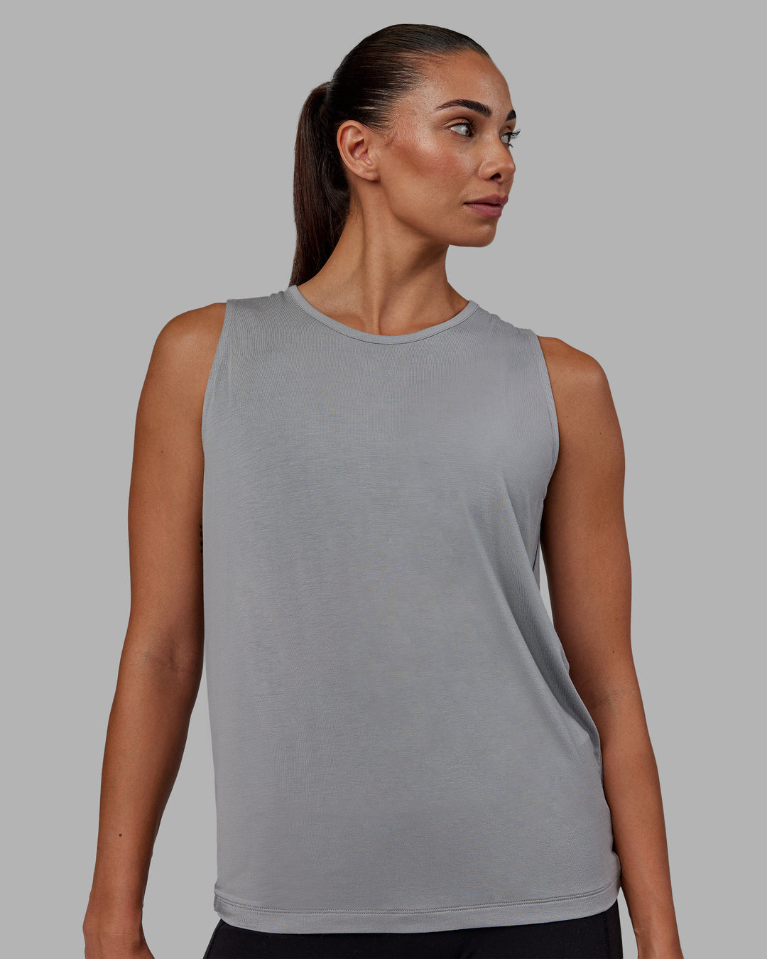 Woman wearing Swivel Open Back Tank - Circular Grey