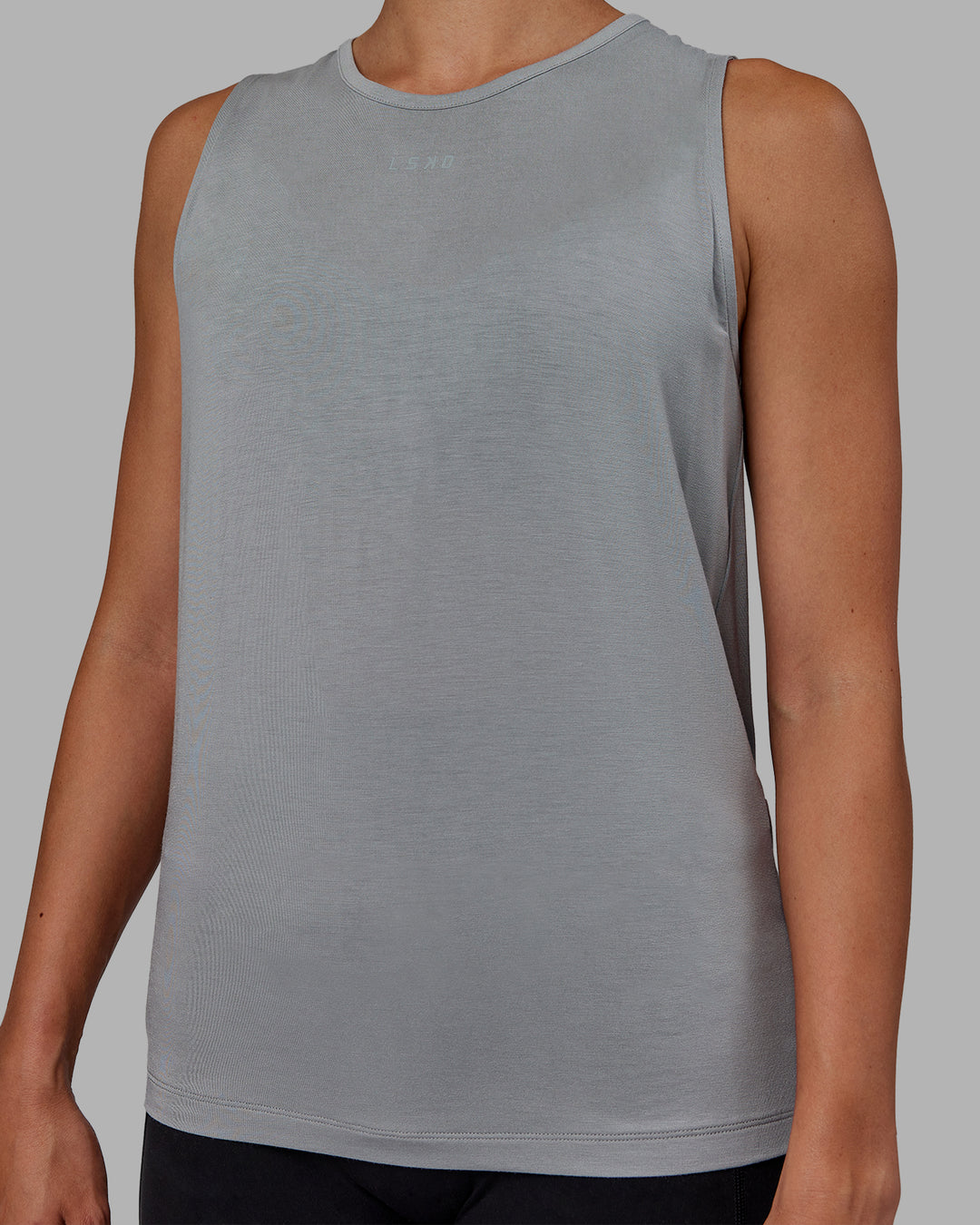 Woman wearing Swivel Open Back Tank - Circular Grey