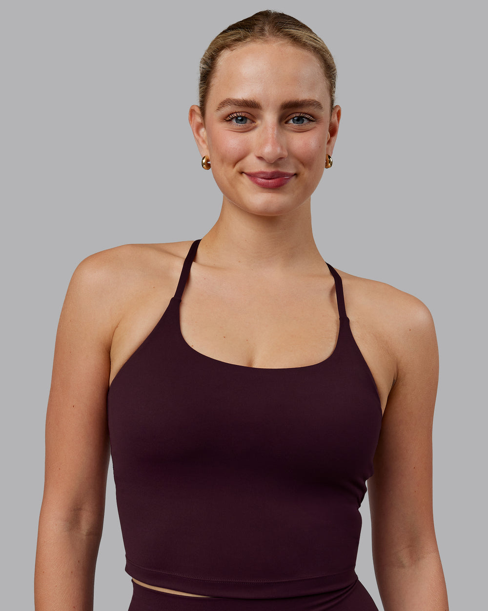 Woman wearing Twist Shelf Bra Tank - Mulberry