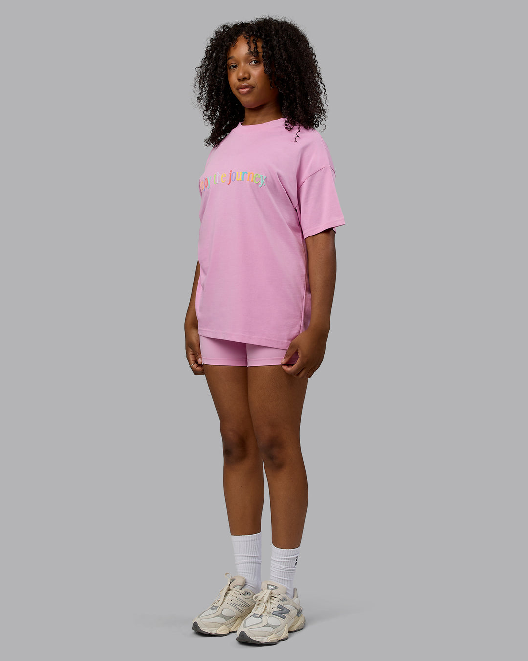 Woman wearing Unisex Enjoy The Journey Heavyweight Tee Oversize - Bubblegum-Multi