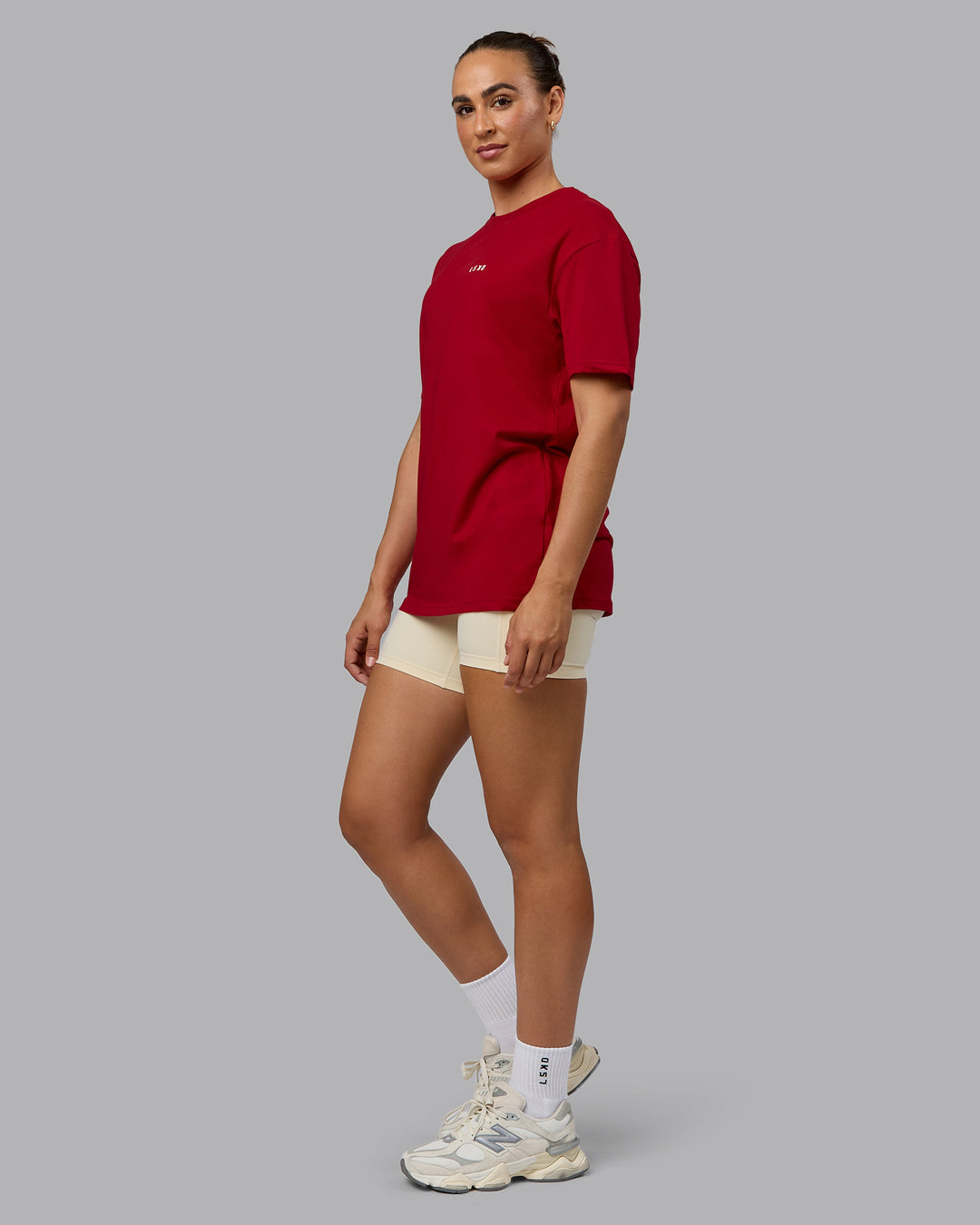 Woman wearing Unisex Enjoy the Journey Value Series FLXCotton Tee Oversize - Cherry Red-Ivory