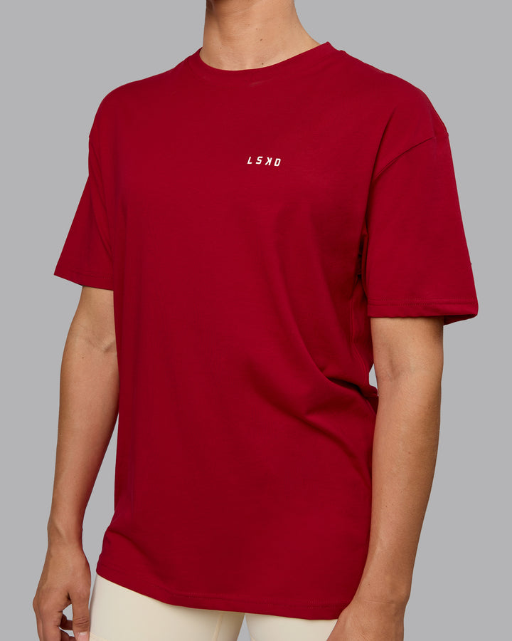 Woman wearing Unisex Enjoy the Journey Value Series FLXCotton Tee Oversize - Cherry Red-Ivory
