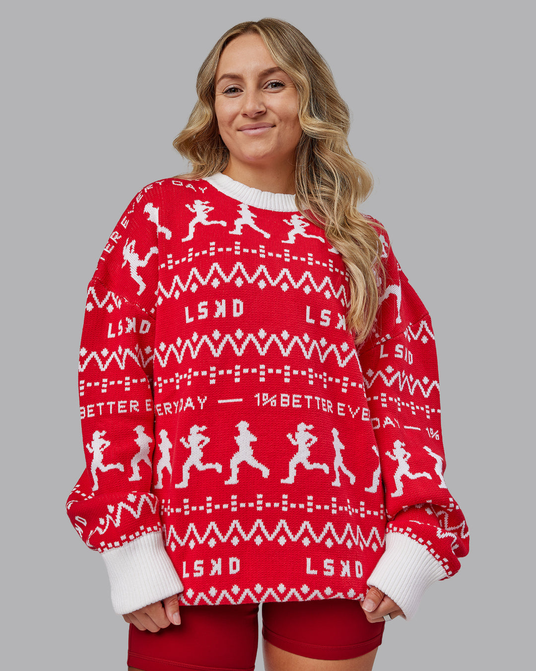 Woman wearing Unisex LSKD Christmas Knit Sweater - Cherry Red-Ivory