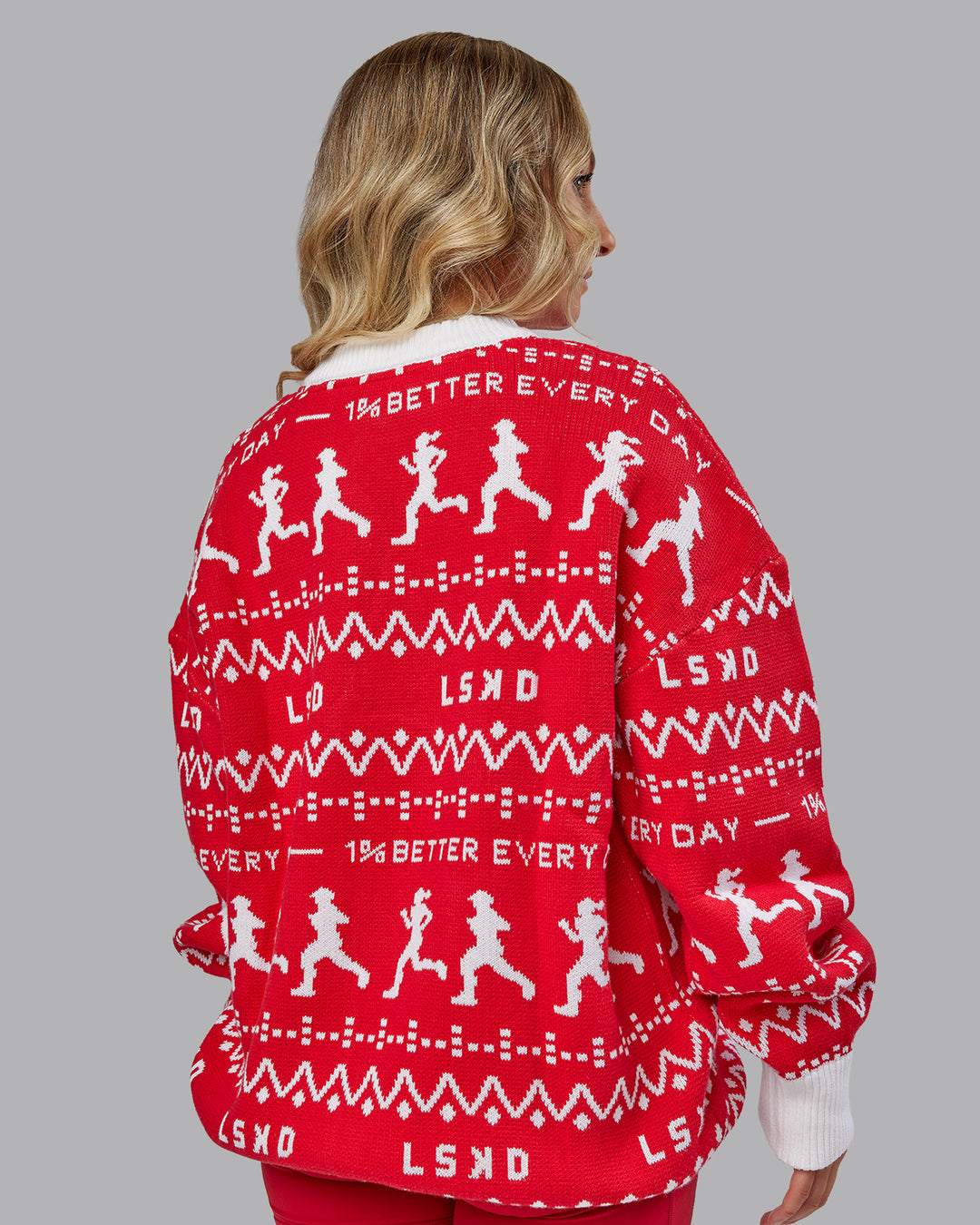 Woman wearing Unisex LSKD Christmas Knit Sweater - Cherry Red-Ivory