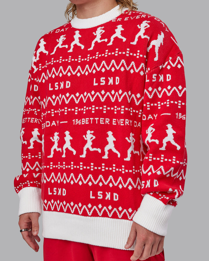 Man wearing Unisex LSKD Christmas Knit Sweater - Cherry Red-Ivory
