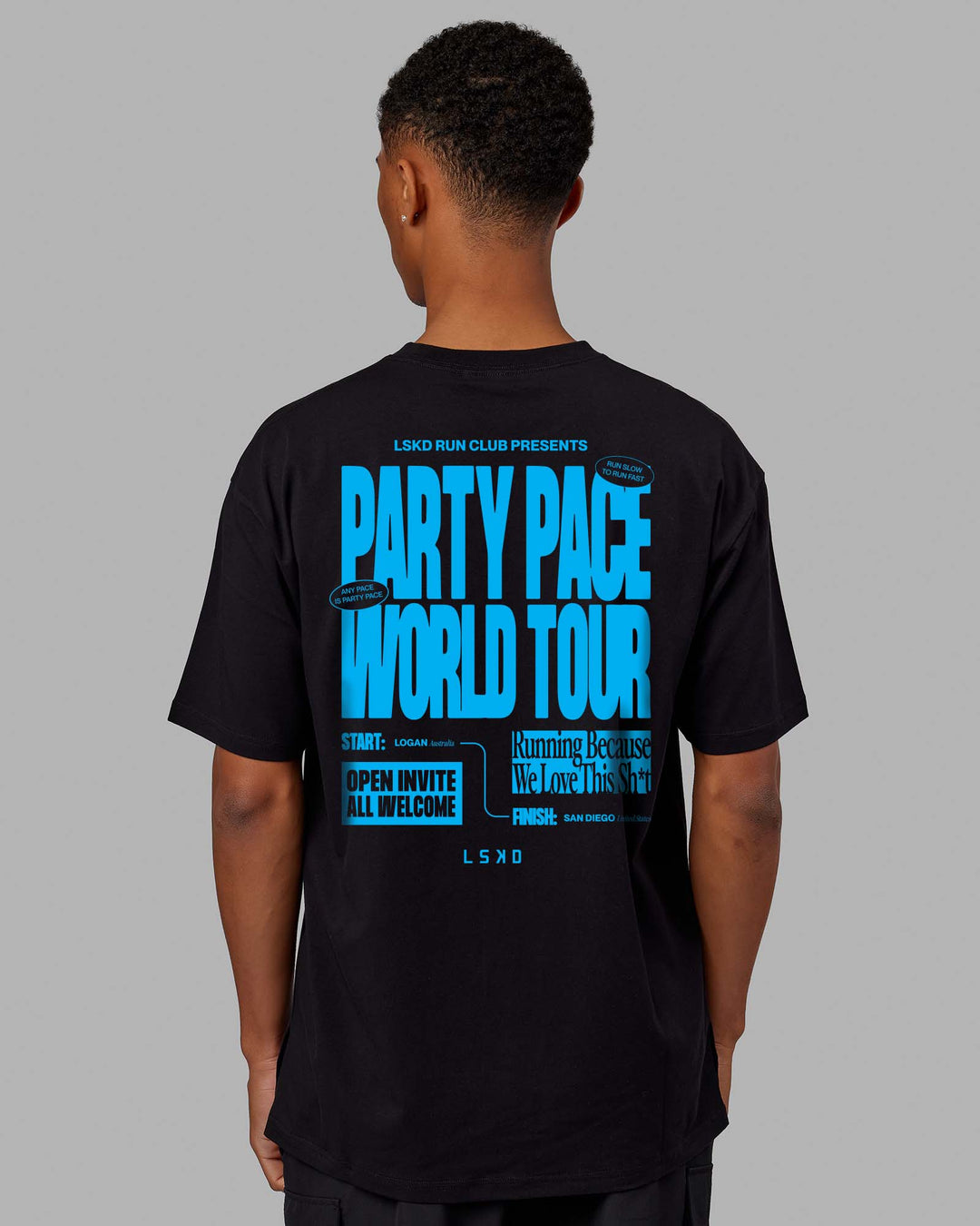 Man wearing Unisex Party Pace FLXCotton Oversize Tee - Black-Blue