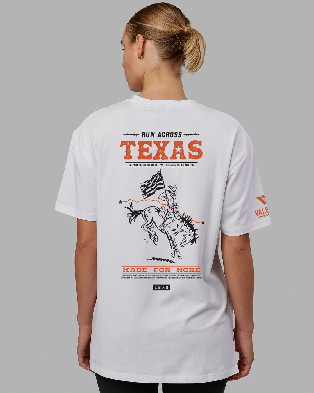 Woman wearing Unisex Run Across Texas FLXCotton Tee Oversize - White-Texas