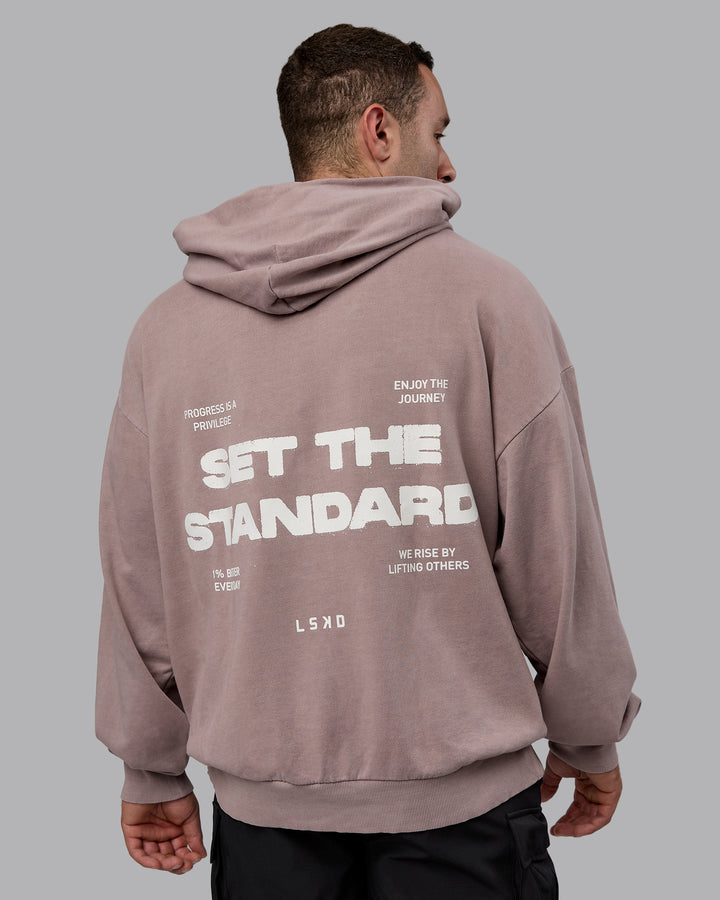 Man wearing Unisex Washed Set the Standard Hoodie Oversize - Greyish Purple-Off White
