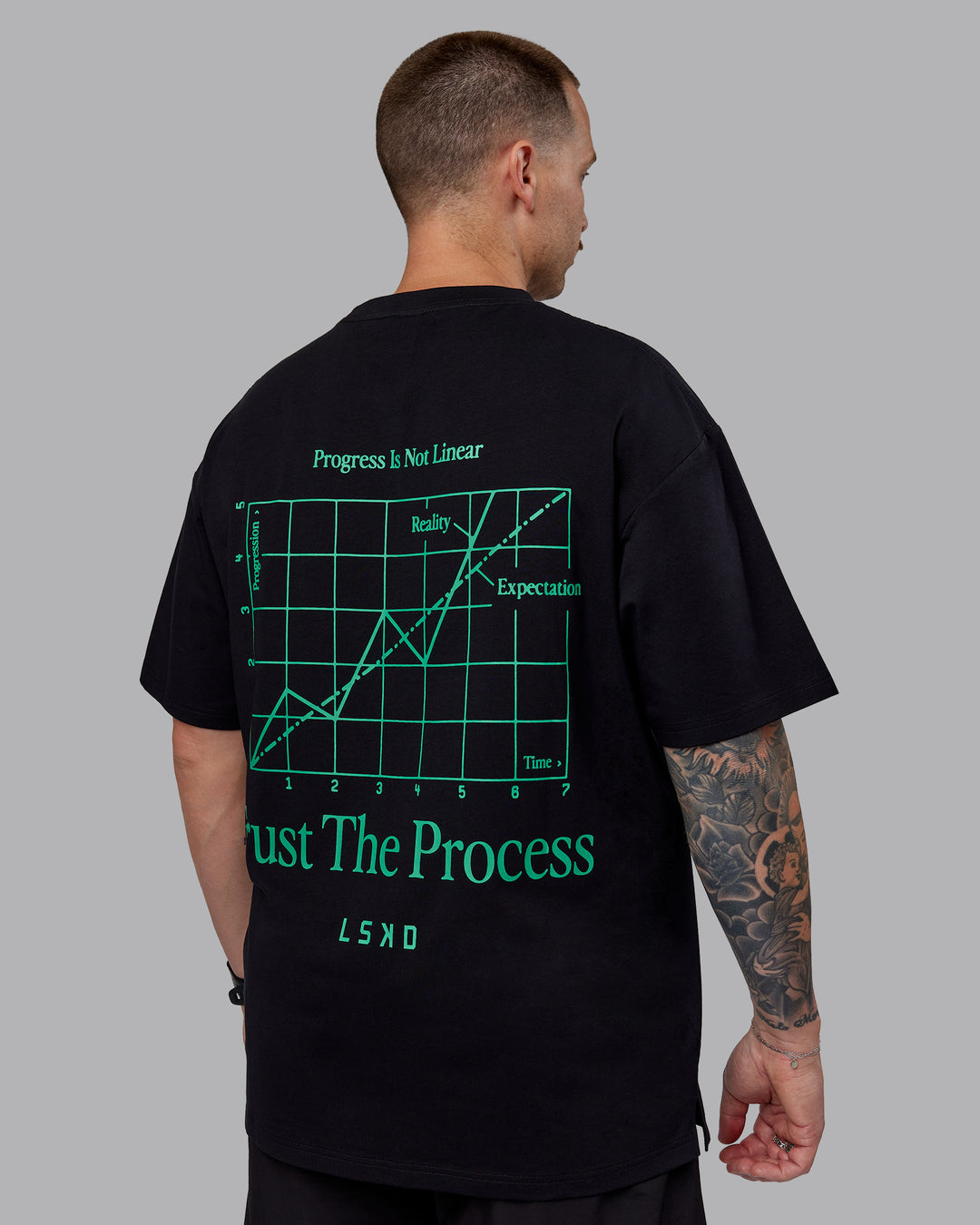 Man wearing Unisex Trust The Process 2.0 FLXCotton Tee Oversize - Black-Impact Green