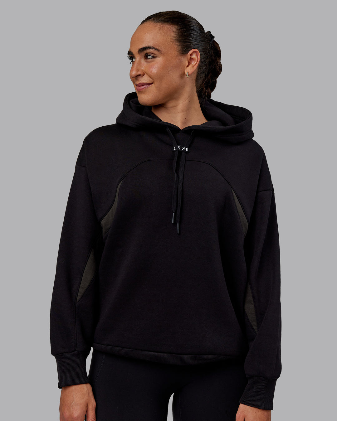 Woman wearing Unisex Y2K Concept Panel Hoodie - Black-Pirate Black