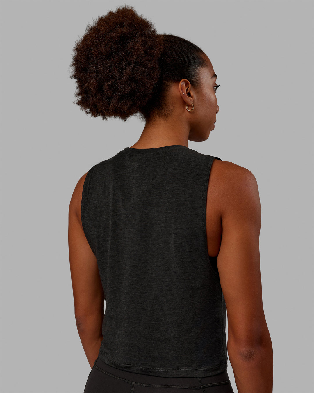 Woman wearing Vital 1% Better Cropped Training Tank - Charcoal Marl-White