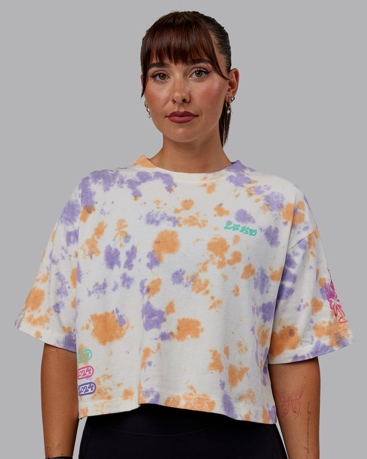 Woman wearing Washed Huntington 24 Cropped Heavyweight Tee - Tie Dye Tangerine-Dahlia Purple
