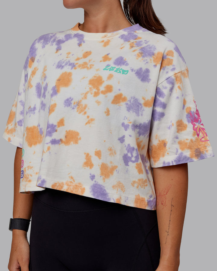 Woman wearing Washed Huntington 24 Cropped Heavyweight Tee - Tie Dye Tangerine-Dahlia Purple
